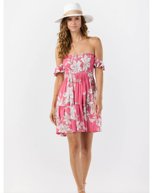 Tiare Hawaii Lily Hot Pink French Smocked Bodice Flutter Sleeve Mini Dress