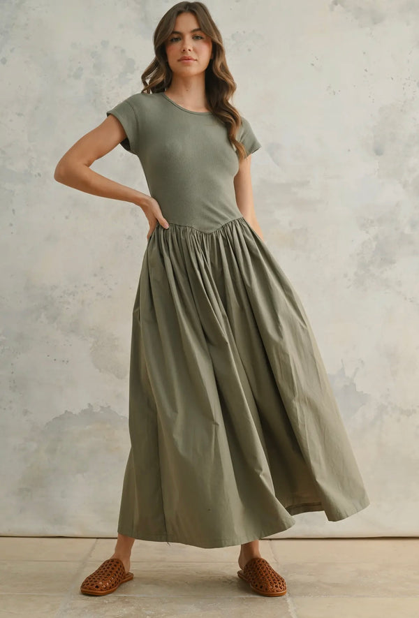 Miou Muse Olive Multi Media Ribbed Top with Woven Skirt Maxi Dress