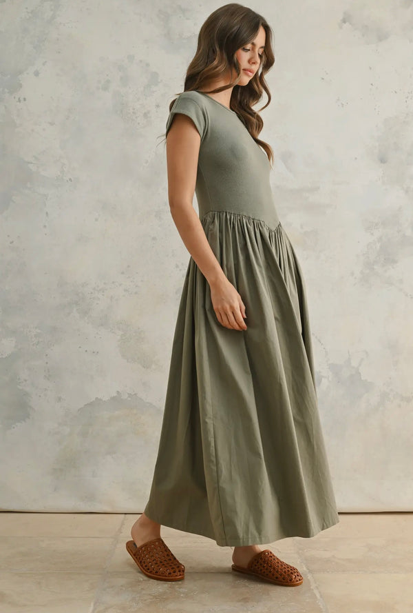 Miou Muse Olive Multi Media Ribbed Top with Woven Skirt Maxi Dress