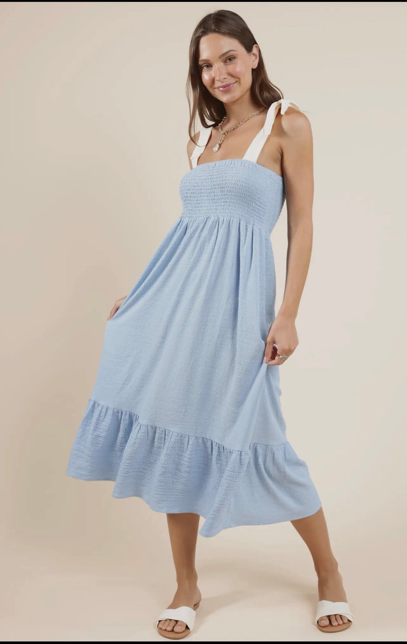 Sadie & Sage Sky Blue Cream Delilah Contrast Tie Strap Smocked Midi Dress