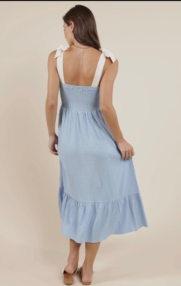 Sadie & Sage Sky Blue Cream Delilah Contrast Tie Strap Smocked Midi Dress
