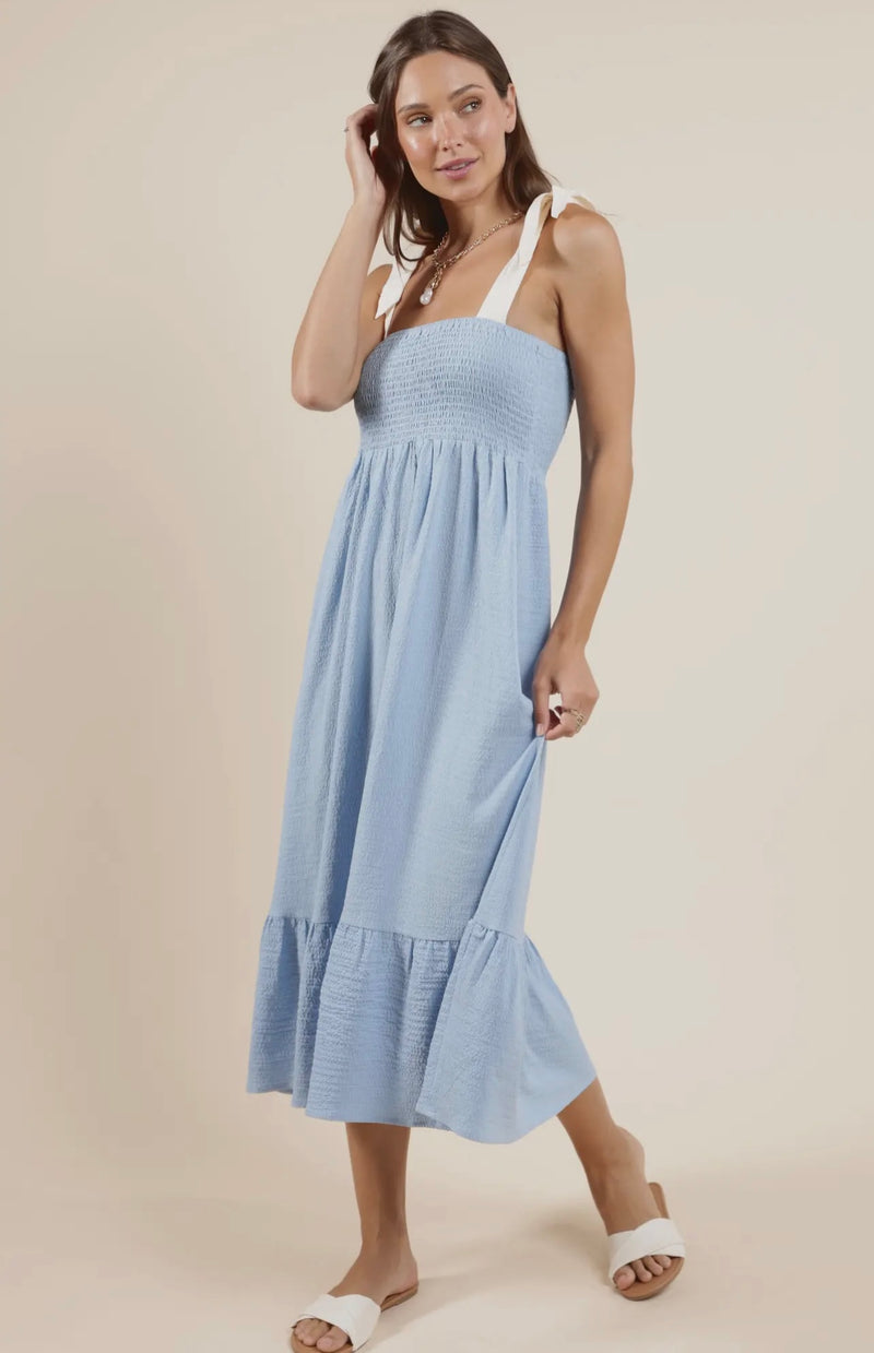 Sadie & Sage Sky Blue Cream Delilah Contrast Tie Strap Smocked Midi Dress