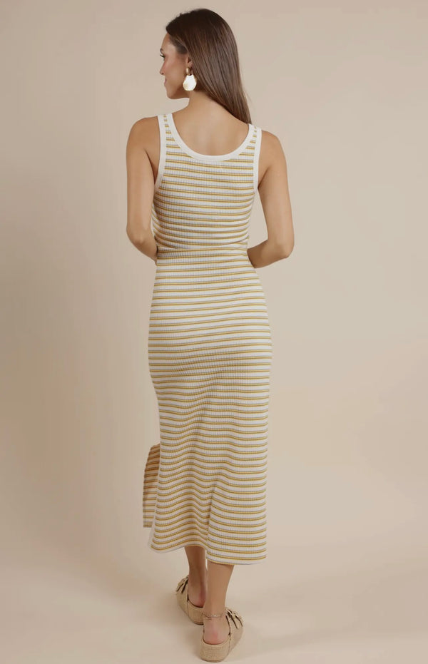 Sage The Label Yellow Multi Little Things Ruched Stripe Knit Midi Dress
