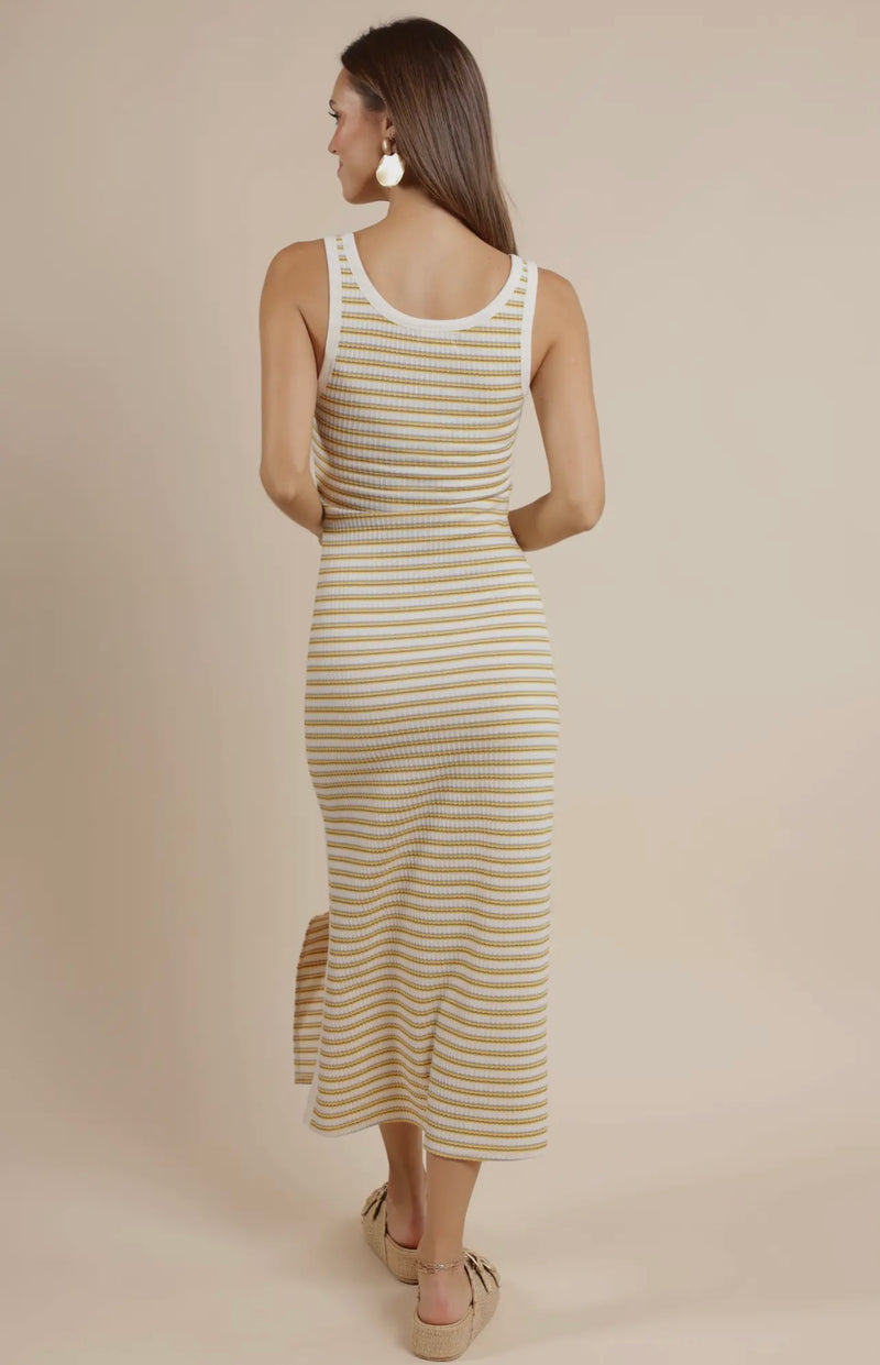 Sage The Label Yellow Multi Little Things Ruched Stripe Knit Midi Dress