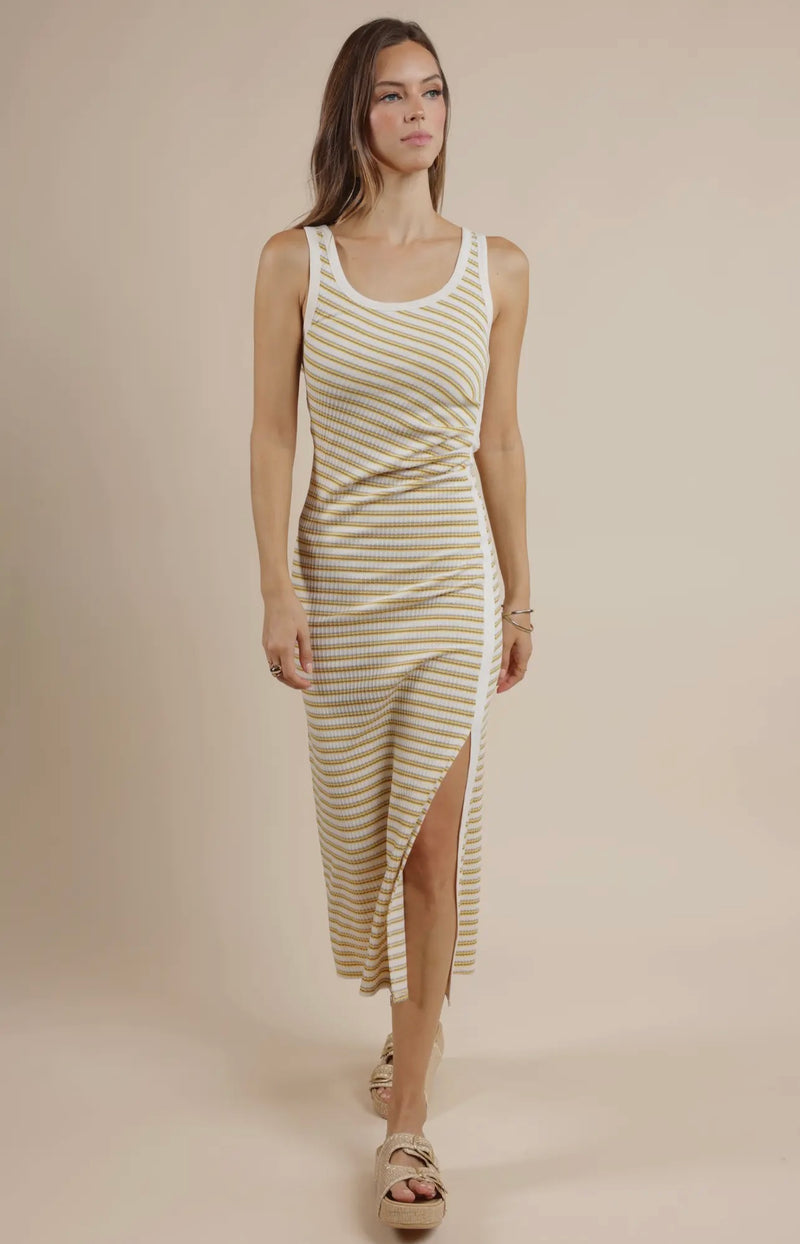 Sage The Label Yellow Multi Little Things Ruched Stripe Knit Midi Dress
