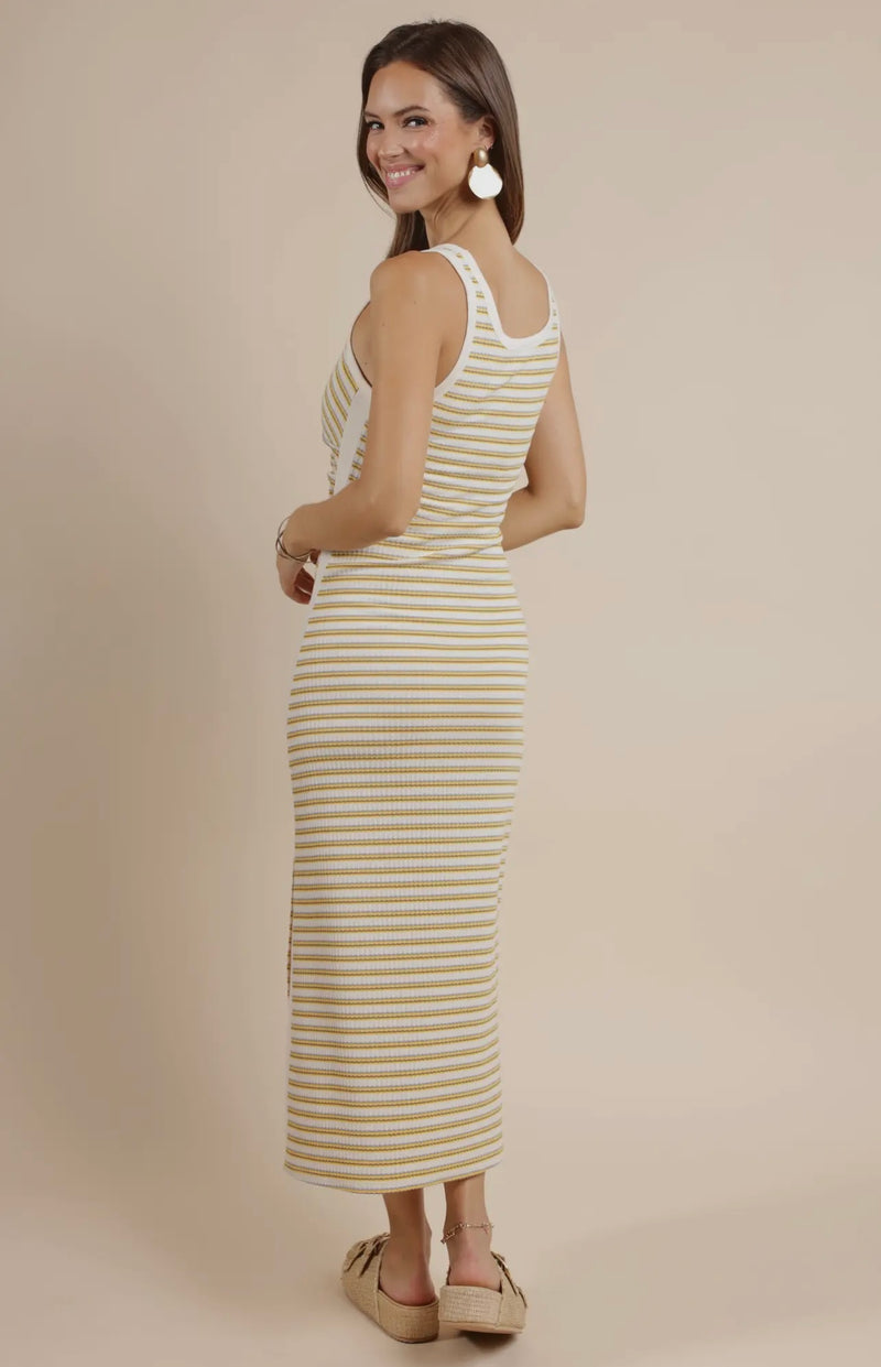 Sage The Label Yellow Multi Little Things Ruched Stripe Knit Midi Dress