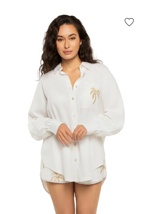Vintage Havana White Soft Golden Palm Embroidered Button Down Top