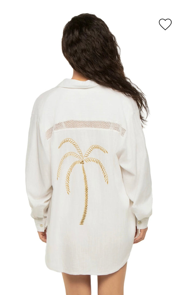 Vintage Havana White Soft Golden Palm Embroidered Button Down Top