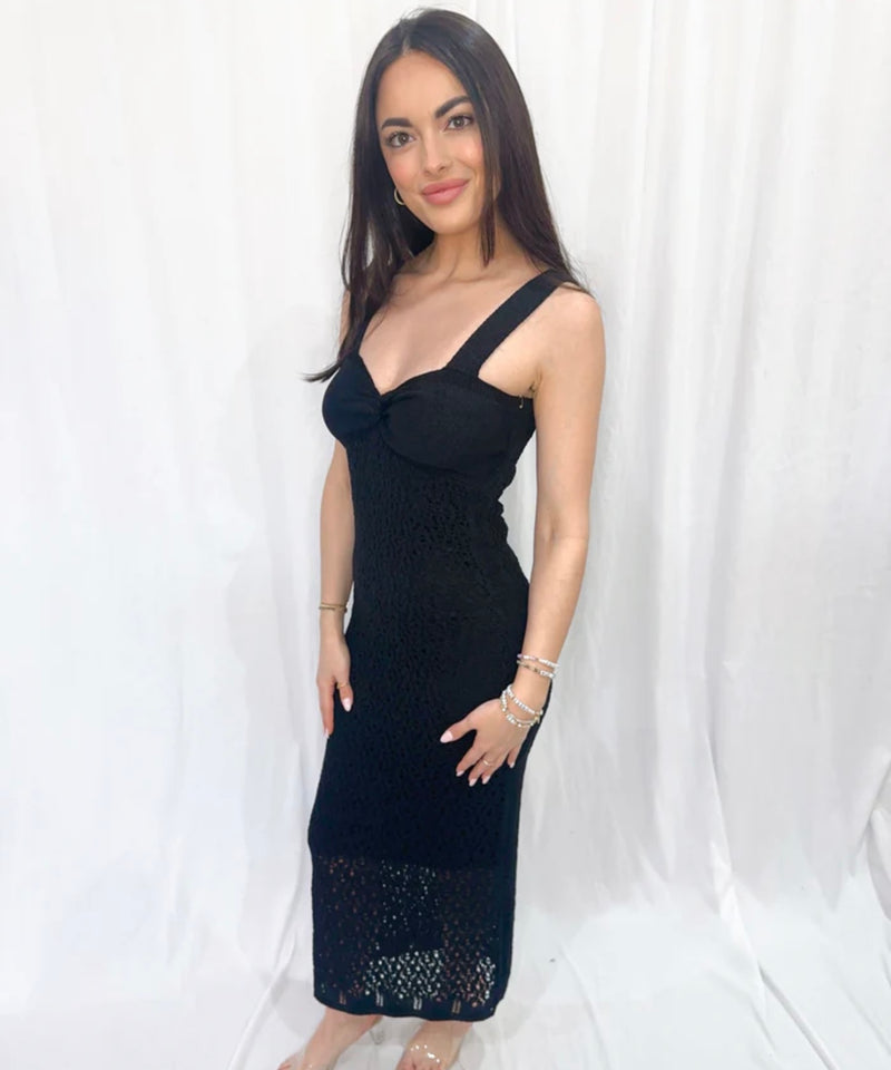 Surf Gypsy Black Open Knit Twist Front Midi Dress