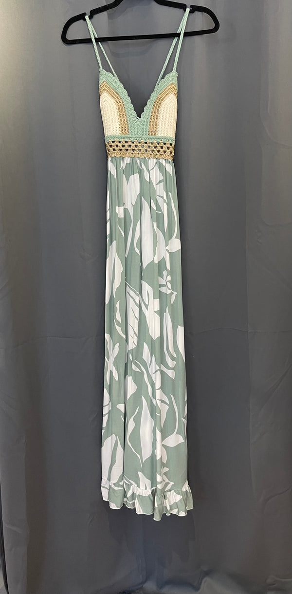 Surf Gypsy Sage/White/Gold Tropical Printed Crochet Detail Bodice Maxi Dress