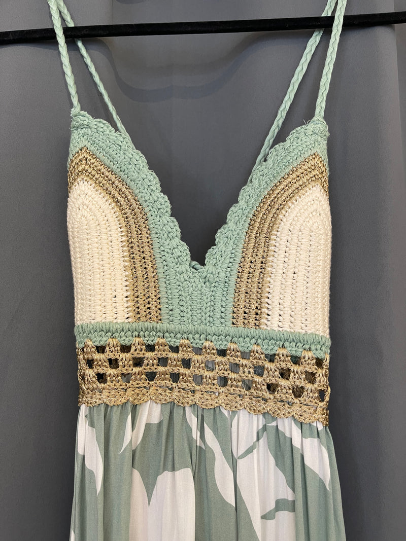 Surf Gypsy Sage/White/Gold Tropical Printed Crochet Detail Bodice Maxi Dress