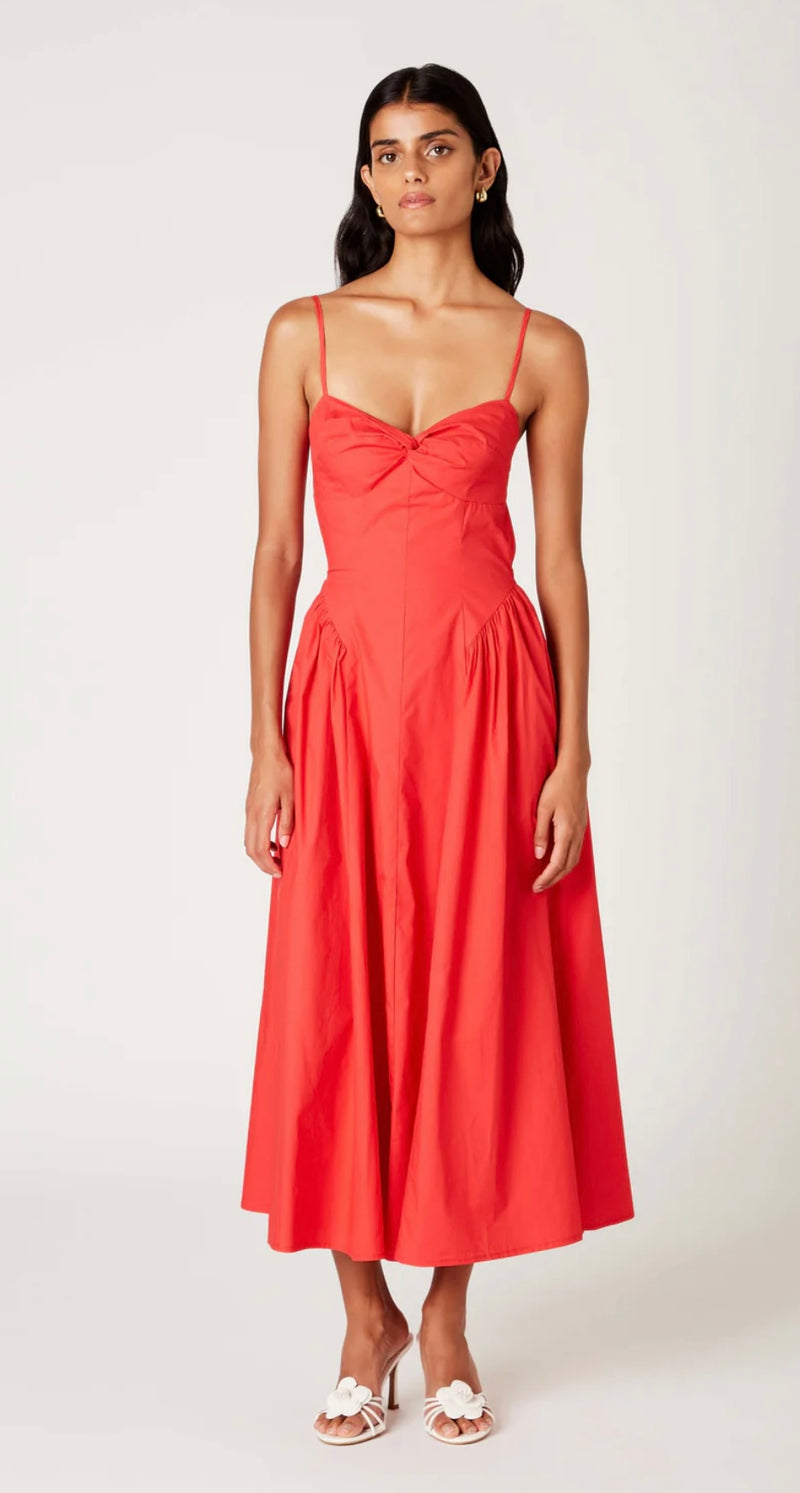 NIA Cherry Drop Waist Sweetheart Neckline Twist Front Destene Midi Dress