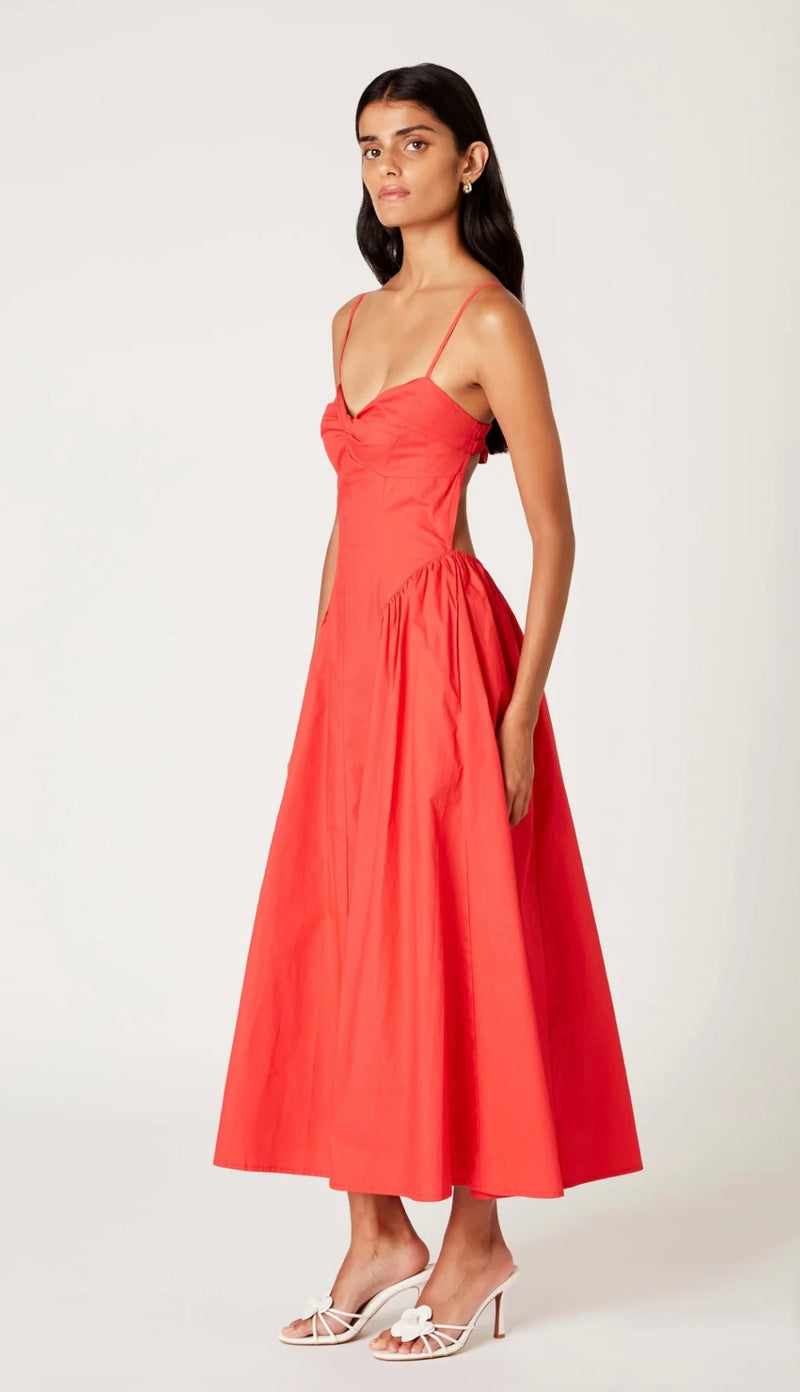 NIA Cherry Drop Waist Sweetheart Neckline Twist Front Destene Midi Dress