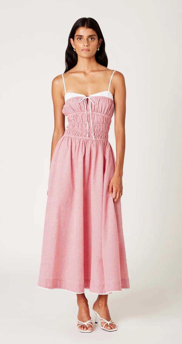 NIA Red White Checked Low Waisted Midi Dress