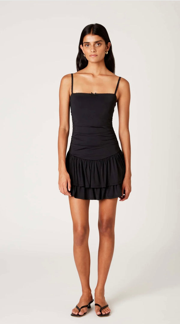 NIA Black Lace Trim Straps Bow Detail Ruching Through Bodice Tiered Ruffle Mini Dress
