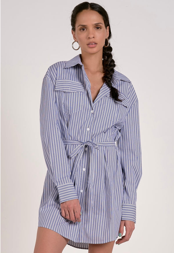 Elan Navy White Stripe Collared Long Sleeve Button Down Belted Mini Dress