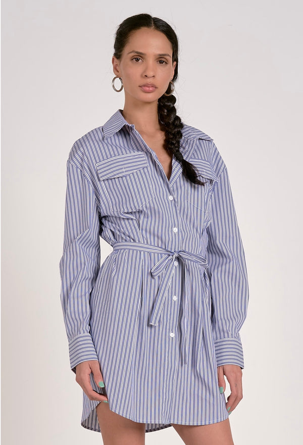 Elan Navy White Stripe Collared Long Sleeve Button Down Belted Mini Dress