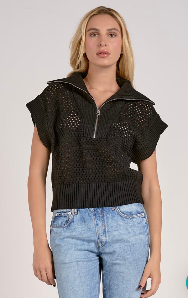 Elan Black Open Knit Short Sleeve 3/4 Zip Top