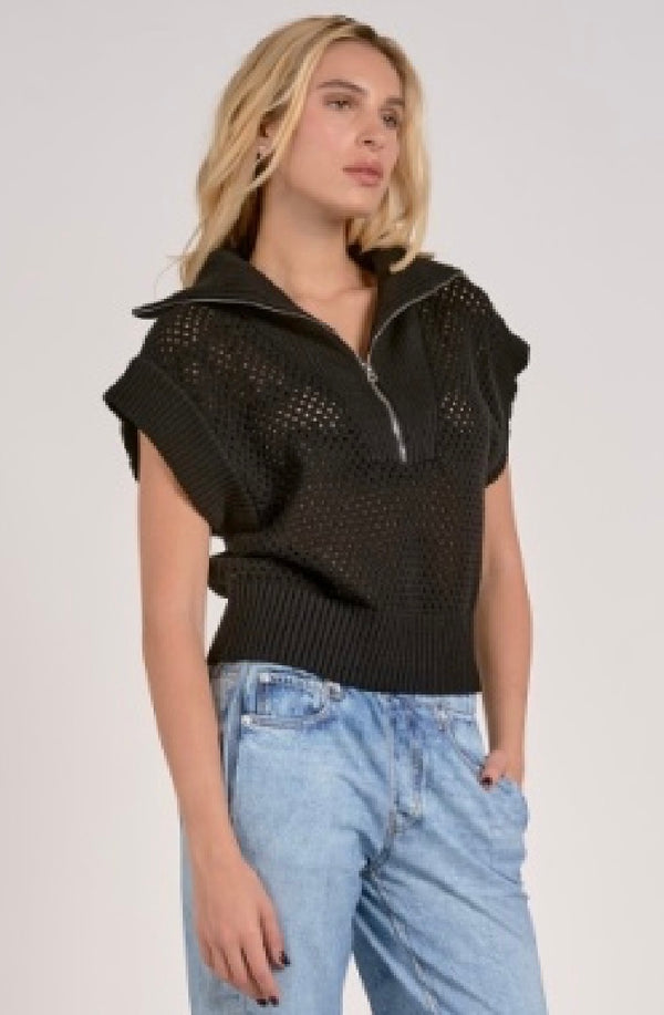 Elan Black Open Knit Short Sleeve 3/4 Zip Top