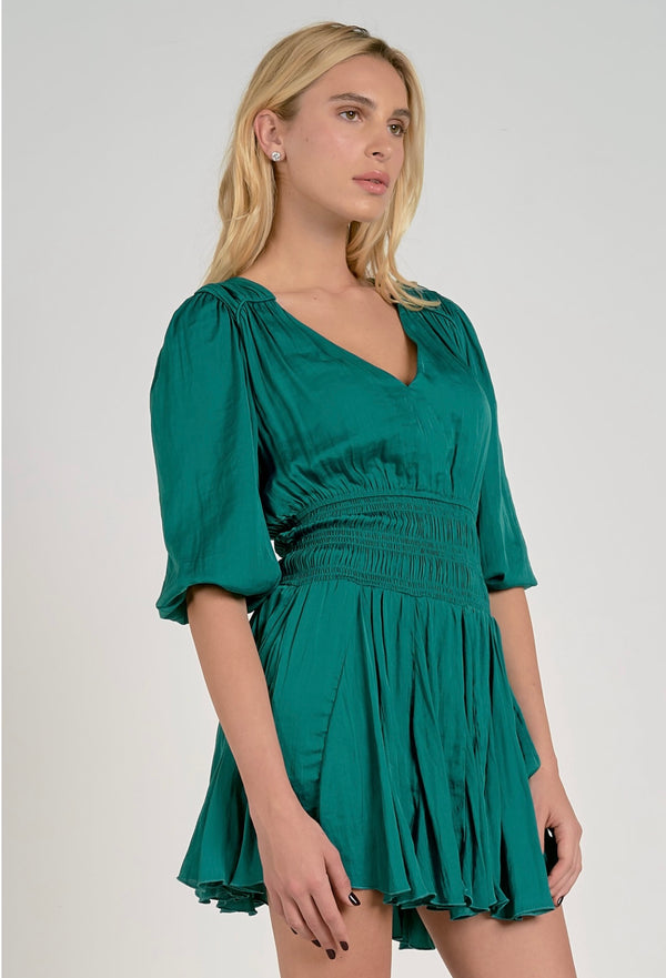 Elan Emerald Three Quarter Sleeve Full Skirt Mini Dress