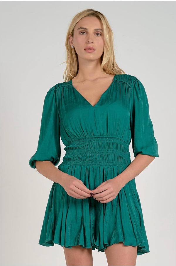 Elan Emerald Three Quarter Sleeve Full Skirt Mini Dress
