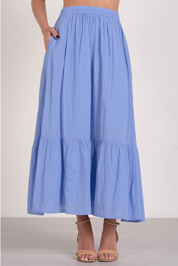 Elan Blue Tiered Elastic Waist Midi Skirt