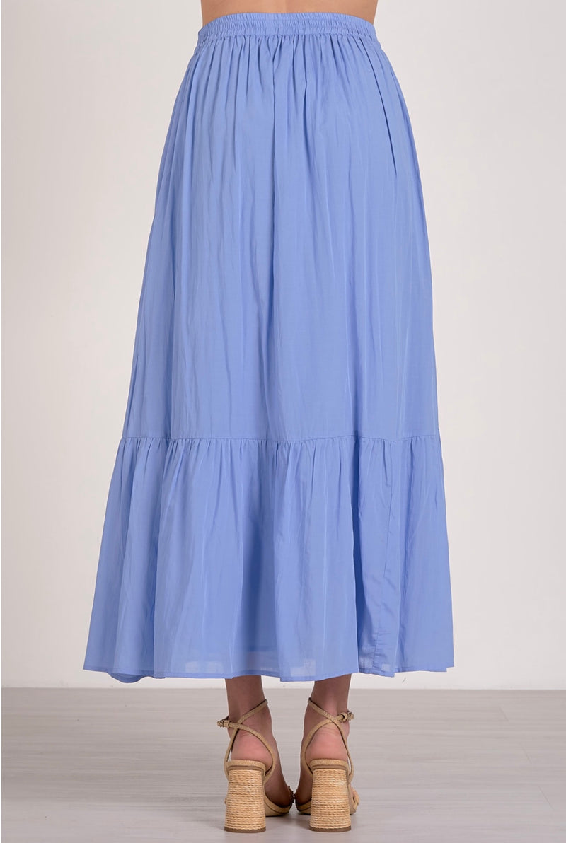 Elan Blue Tiered Elastic Waist Midi Skirt
