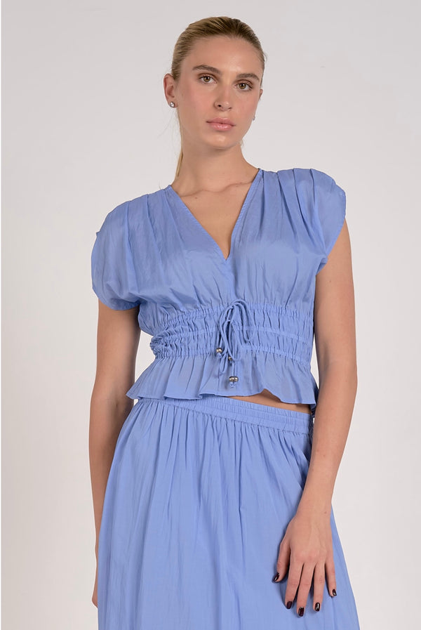 Elan Blue Cap Sleeve Tie Front Crop Top