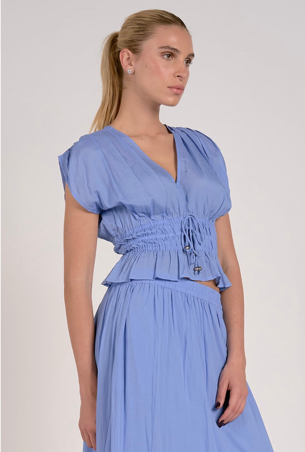 Elan Blue Cap Sleeve Tie Front Crop Top