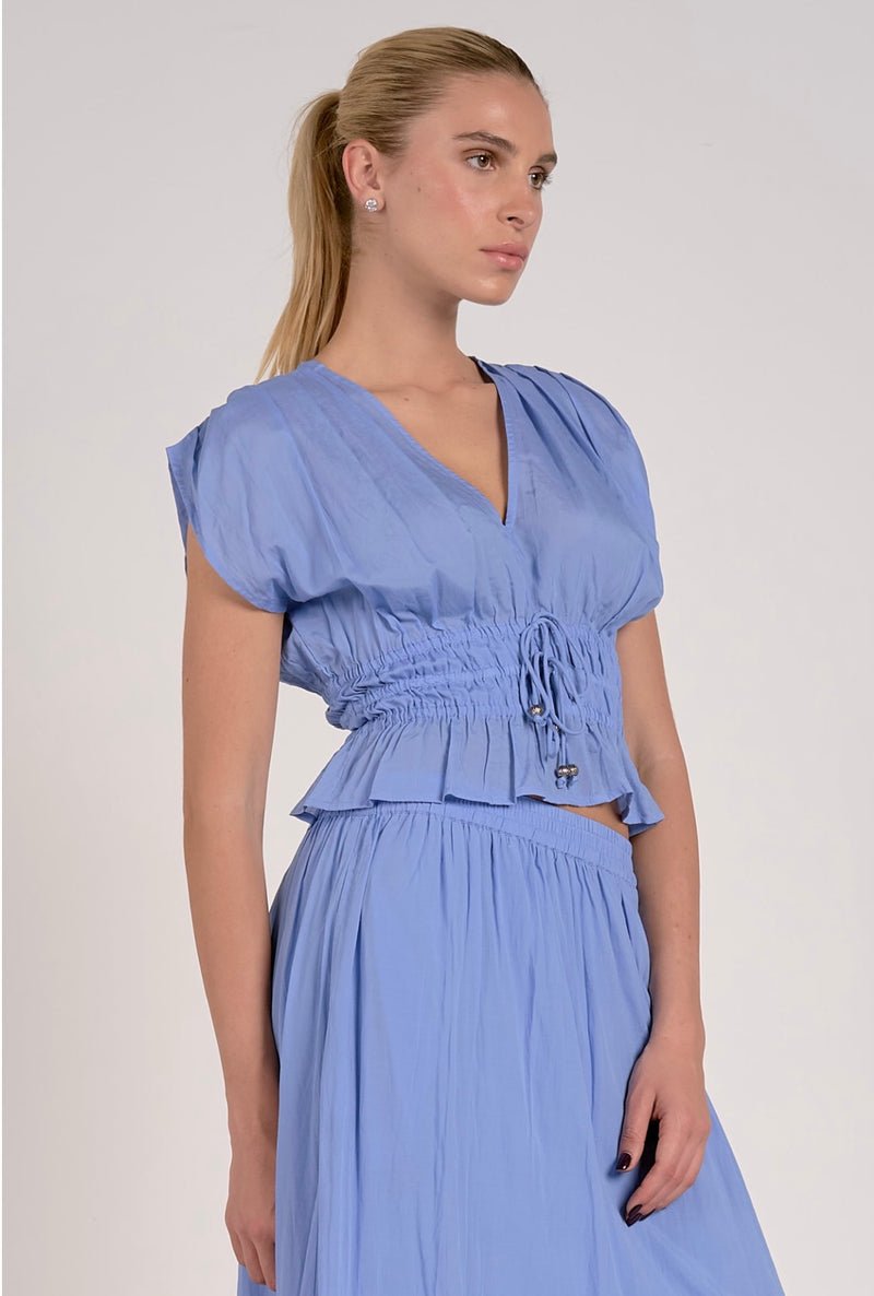 Elan Blue Cap Sleeve Tie Front Crop Top