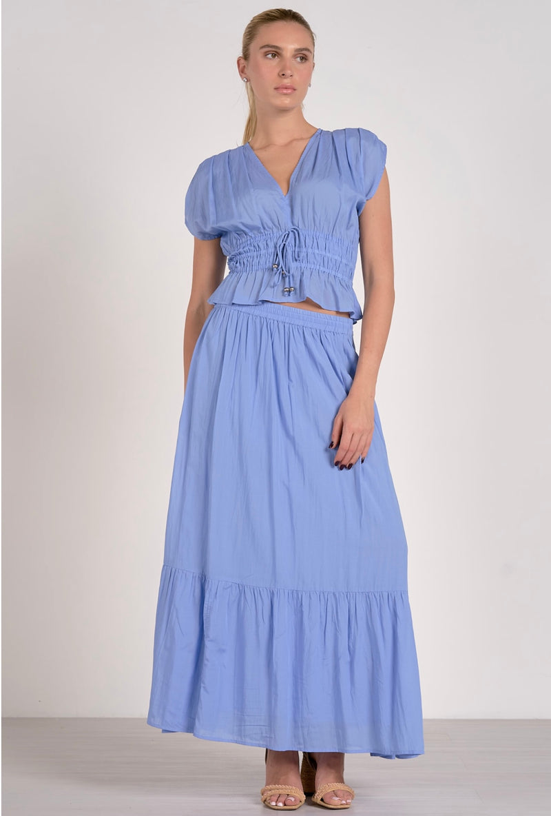 Elan Blue Cap Sleeve Tie Front Crop Top