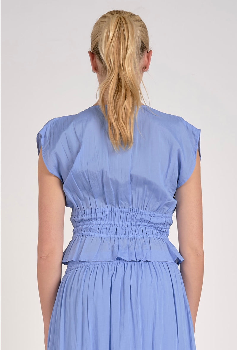 Elan Blue Cap Sleeve Tie Front Crop Top