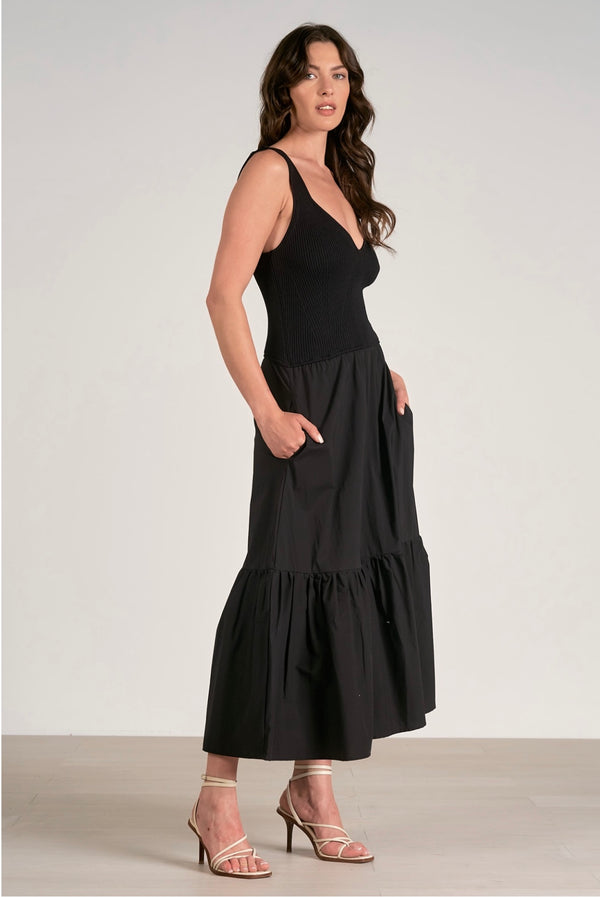 Elan Black Wide Strap Tiered Skirt Midi Dress