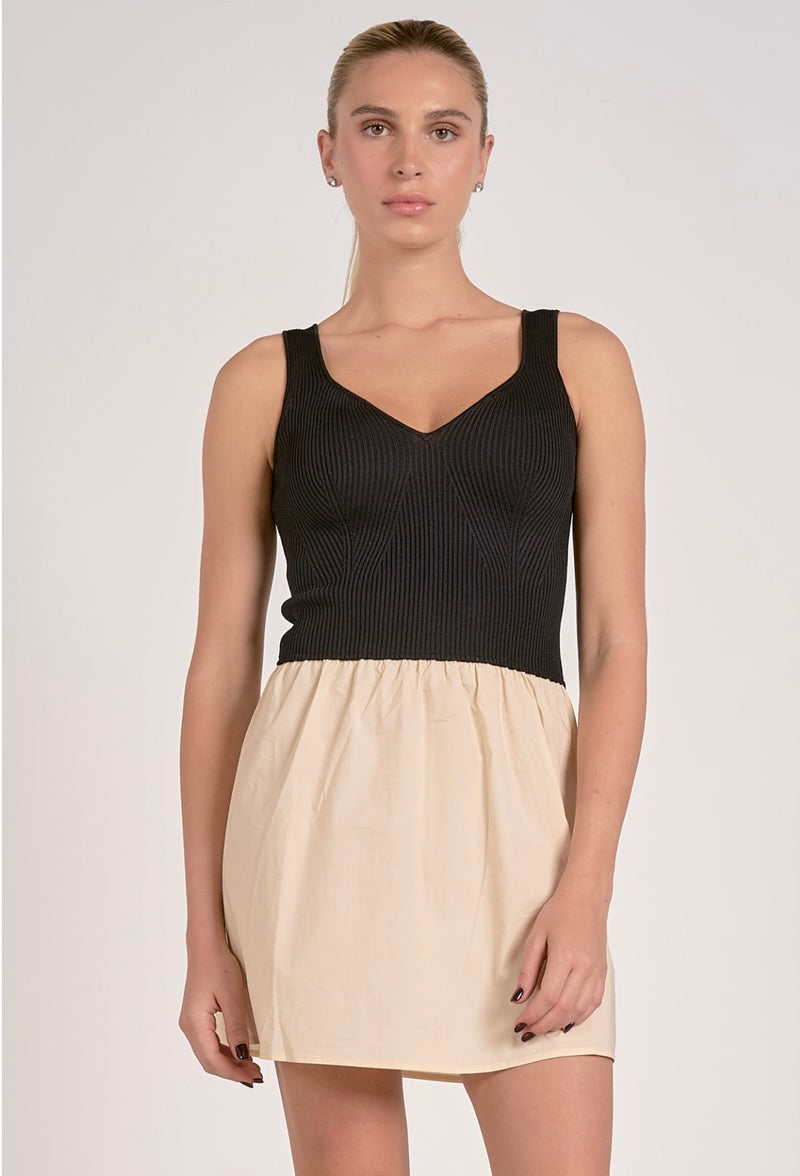 Elan Beige Black Combo Wide Strap Mini Dress