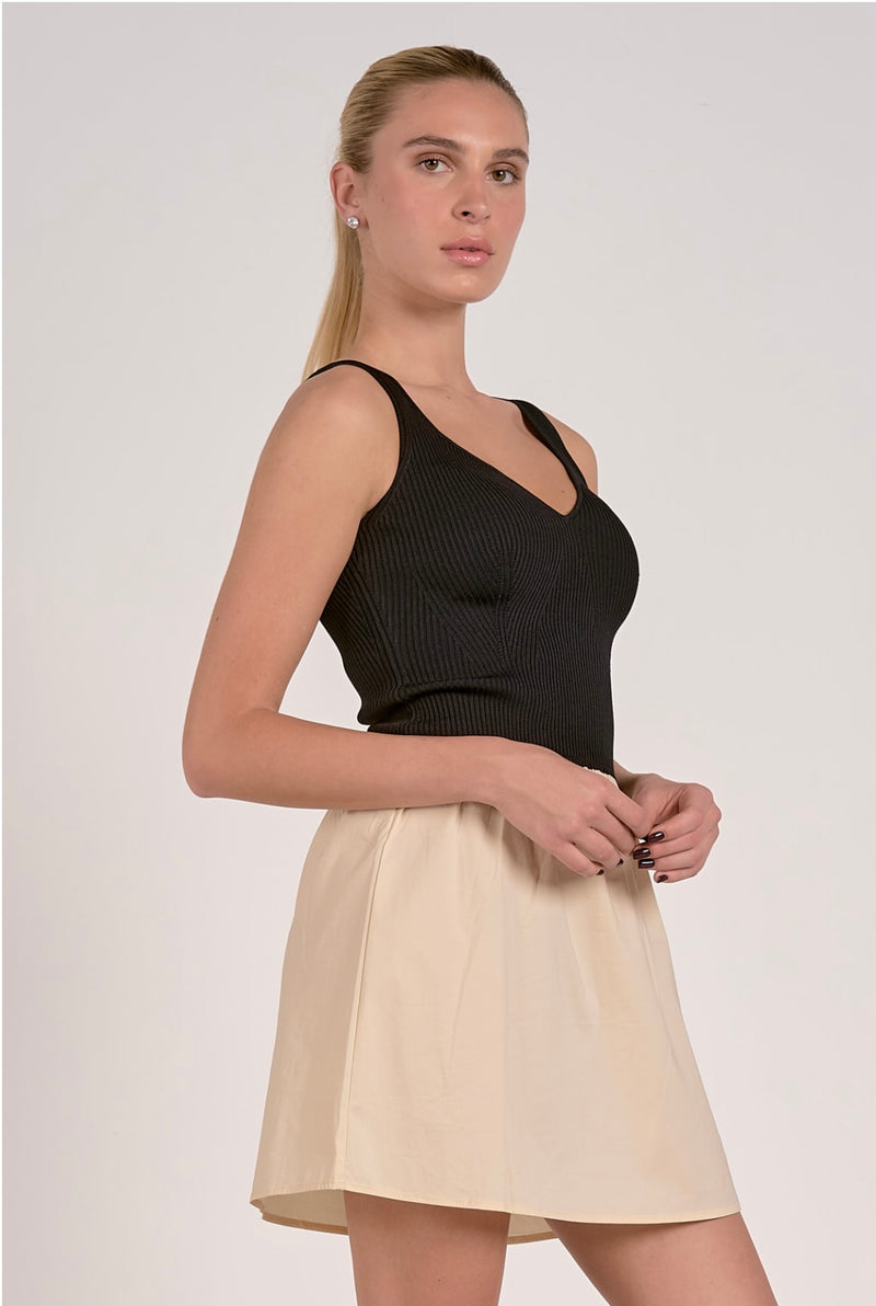 Elan Beige Black Combo Wide Strap Mini Dress