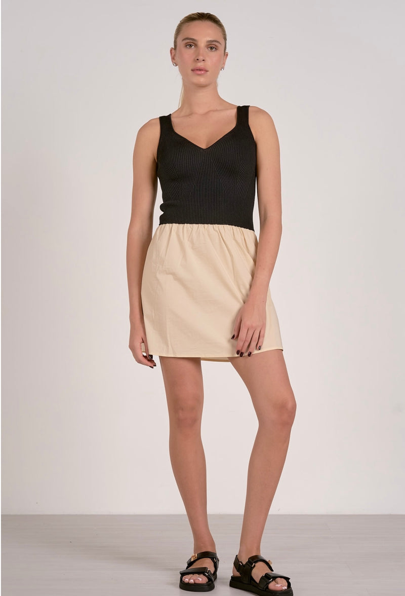 Elan Beige Black Combo Wide Strap Mini Dress