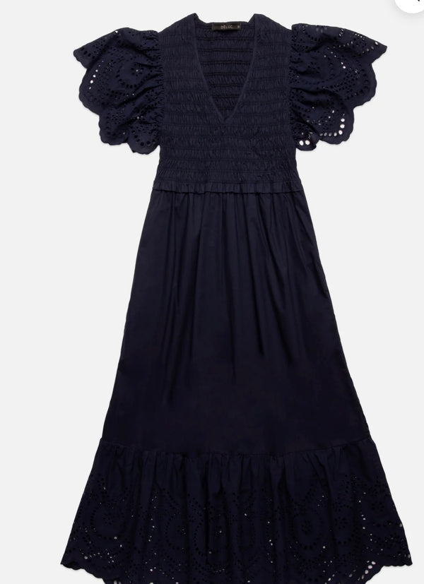 DeLuc Blue Avis Embroidered Sleeve and Hem V Neck Poplin Maxi Dress