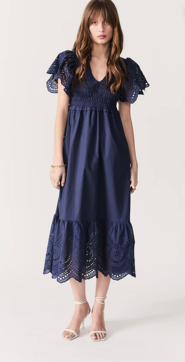 DeLuc Blue Avis Embroidered Sleeve and Hem V Neck Poplin Maxi Dress