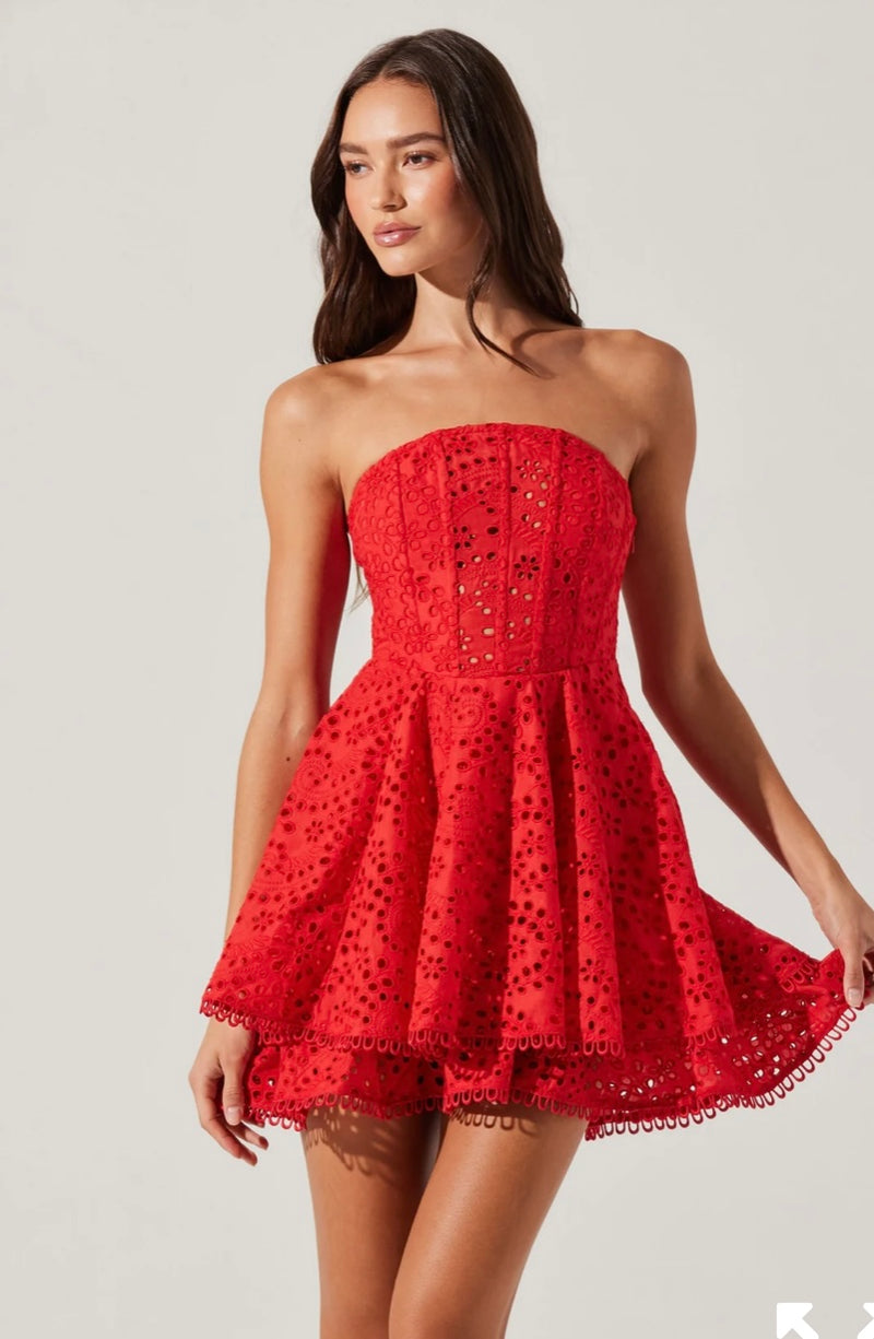 ASTR Red Deasia Strapless Eyelet Mini Dress