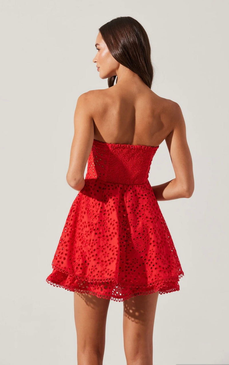 ASTR Red Deasia Strapless Eyelet Mini Dress