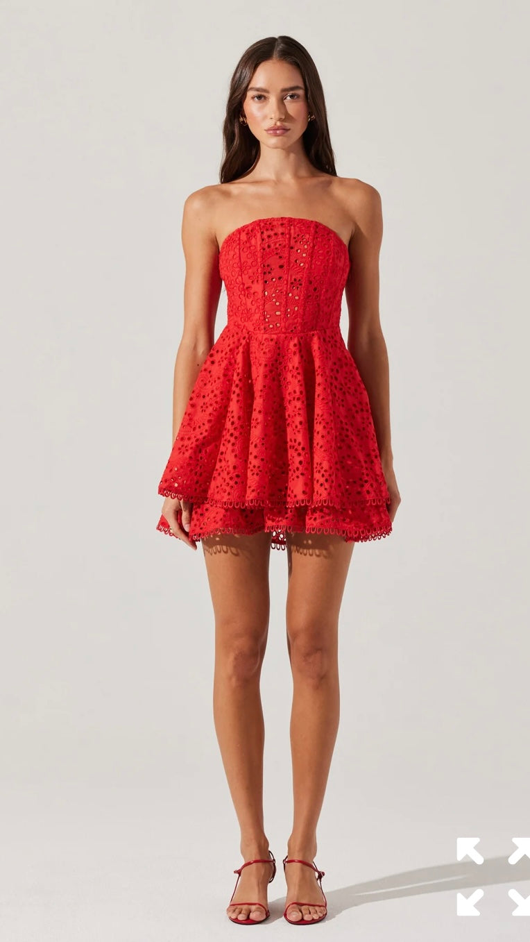 ASTR Red Deasia Strapless Eyelet Mini Dress
