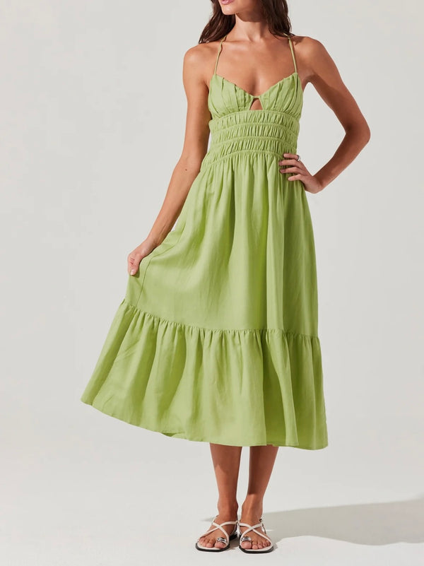 ASTR Spring Green Eleni Linen Blend Neck Key Hole Tiered Skirt Midi Dress