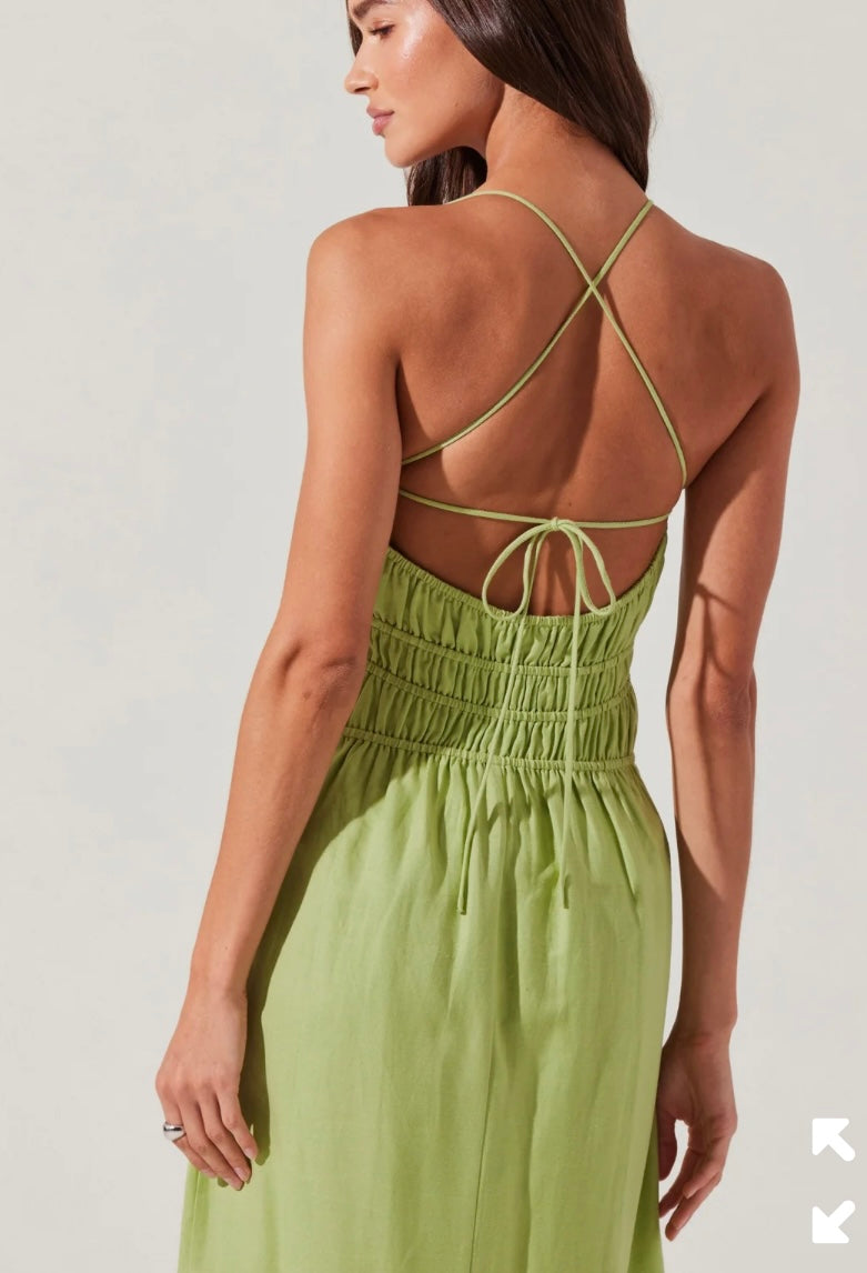 ASTR Spring Green Eleni Linen Blend Neck Key Hole Tiered Skirt Midi Dress