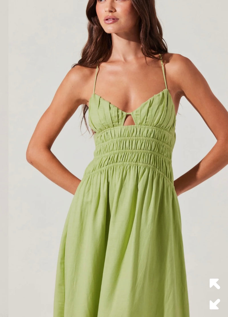 ASTR Spring Green Eleni Linen Blend Neck Key Hole Tiered Skirt Midi Dress