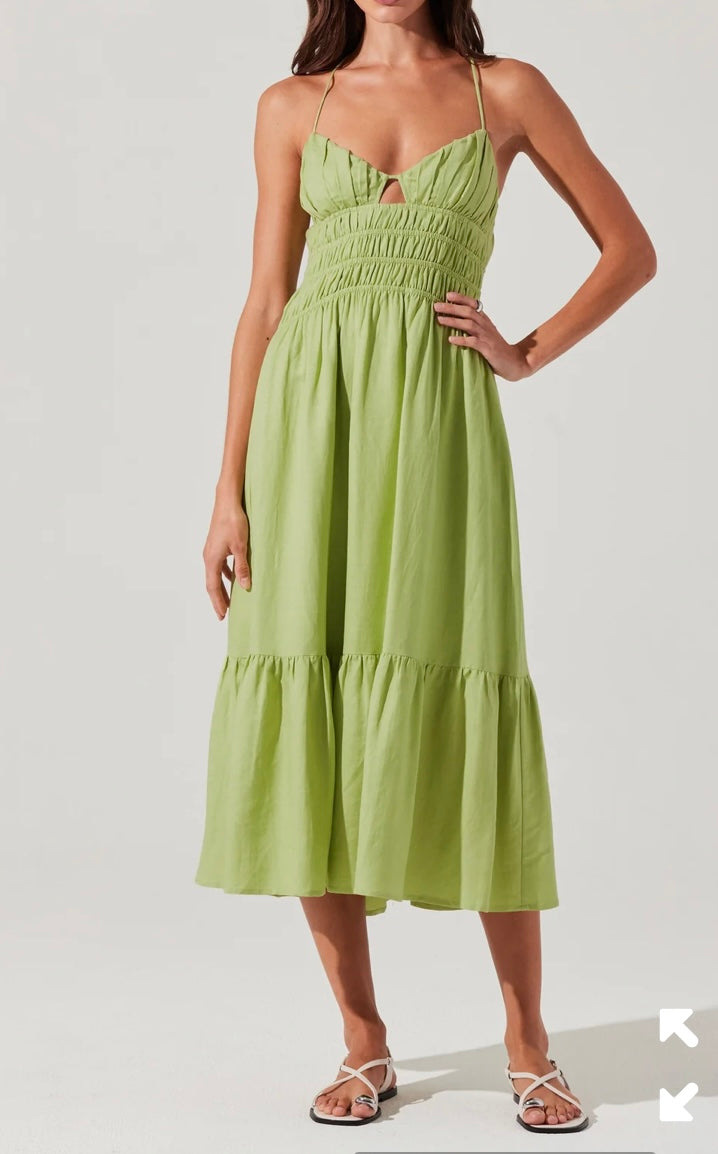 ASTR Spring Green Eleni Linen Blend Neck Key Hole Tiered Skirt Midi Dress