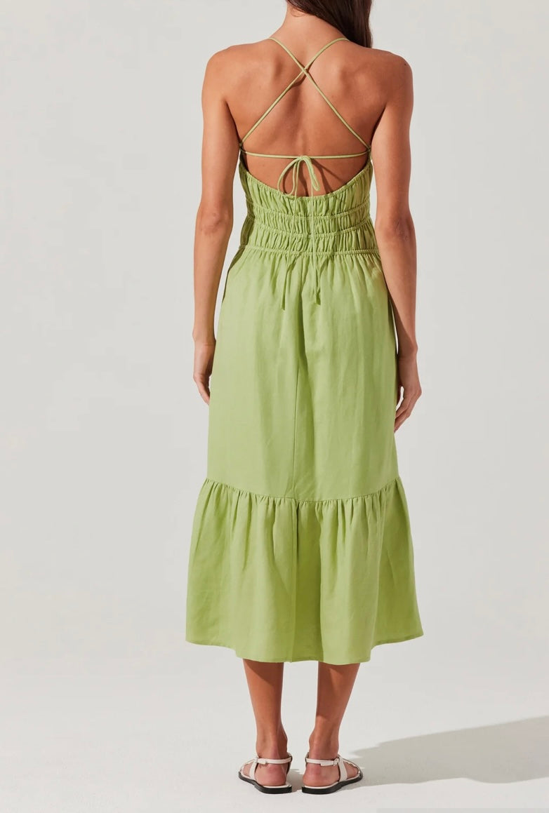 ASTR Spring Green Eleni Linen Blend Neck Key Hole Tiered Skirt Midi Dress