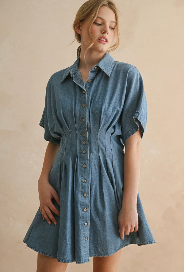Miou Muse Chambray Denim Button Front w/Pleated Detail Mini Dress