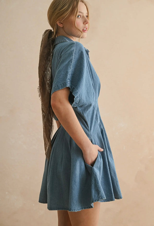 Miou Muse Chambray Denim Button Front w/Pleated Detail Mini Dress