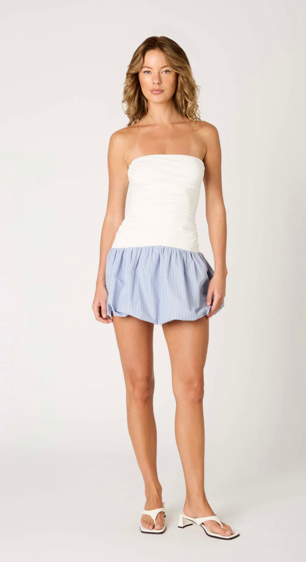 NIA White/Slate Blue Ruched Strapless Bodice w/Bubble Skirt Mini Dress