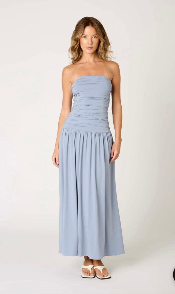 NIA Slate Blue Strapless Ruched Drop Waist Bodice Flowing Bottom Maxi Dress